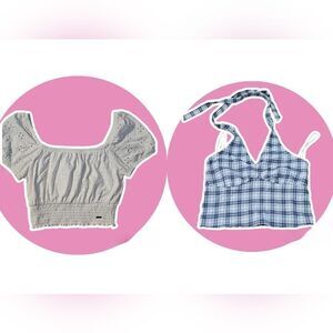 ✨2 For 15 Hollister White Eyelet Off Shoulder Blue Plaid Halter Crop Top XS